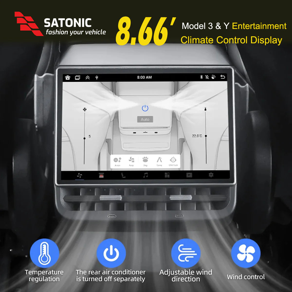 Tesla Satonic 8,66 Inch scherm achterin, rear entertainment scherm