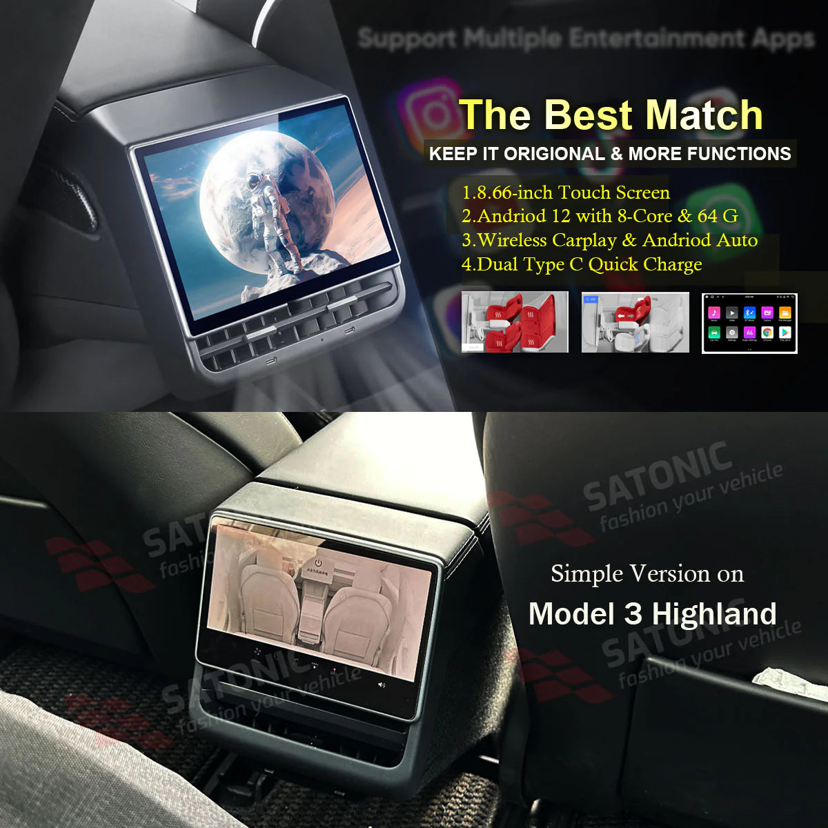 Tesla Satonic 8,66 Inch scherm achterin, rear entertainment scherm